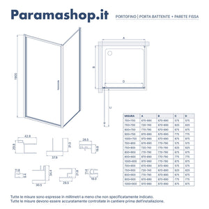 Box doccia slim 80x70cm con porta a battente e parete fissa profili nero opaco e vetro 6mm trasparente h190| Portofino