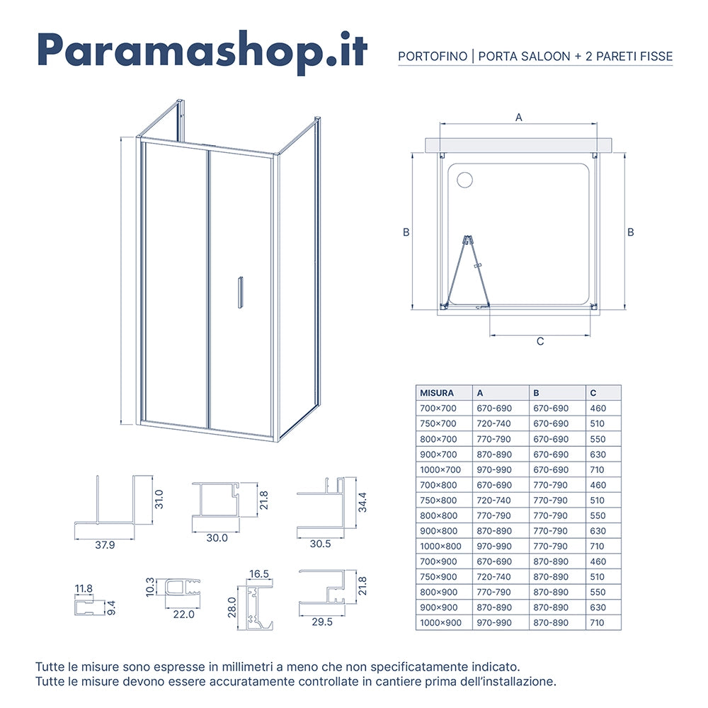 Box doccia tre lati 90x90x90cm con porta a libro profili nero opaco e vetro 6mm trasparente h190 | Portofino