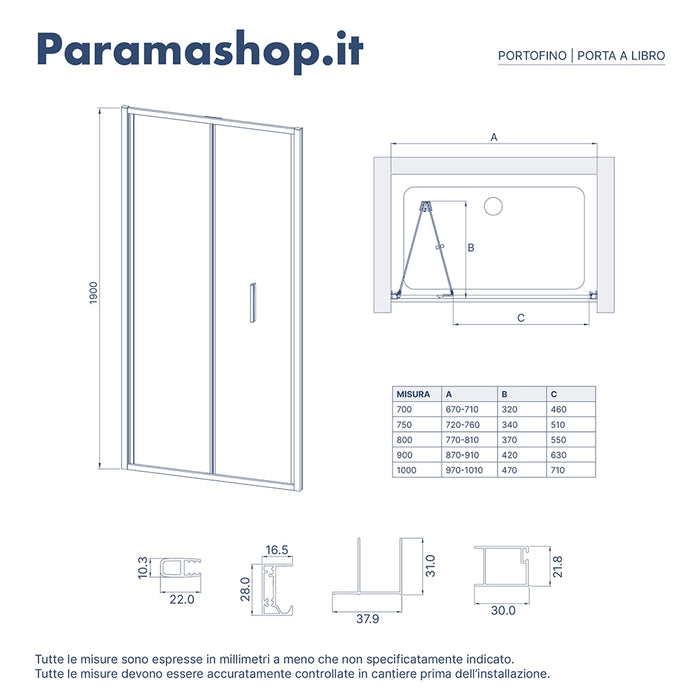 Porta doccia 70cm con apertura a libro profili slim cromati vetro 6mm trasparente h190 | Portofino