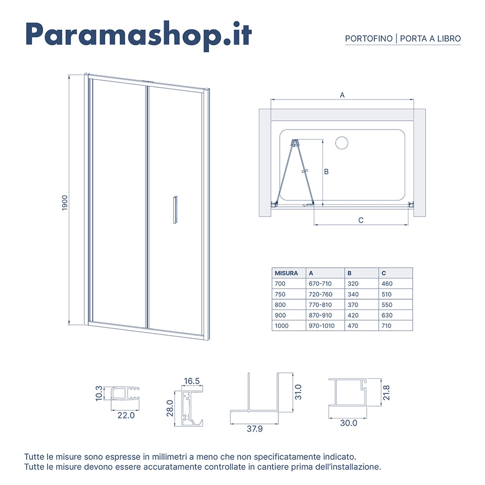 Porta doccia 100cm con apertura a libro profili slim cromati vetro 6mm opaco h190 | Portofino