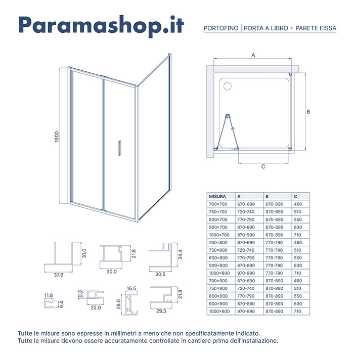 Box doccia slim 70x100cm con apertura a libro e parete fissa profili cromati e vetro 6mm opaco h190| Portofino