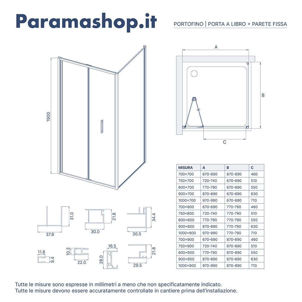 Box doccia slim 70x75cm con porta a libro e parete fissa profili cromati e vetro 6mm opaco h190| Portofino