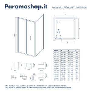 Box doccia slim 70x75cm con porta a libro e parete fissa profili cromati e vetro 6mm opaco h190| Portofino