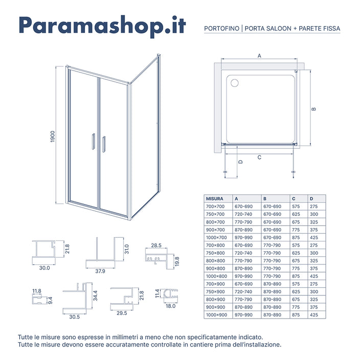Box doccia slim 90x70cm con porta saloon e parete fissa profili cromati e vetro 6mm opaco h190| Portofino