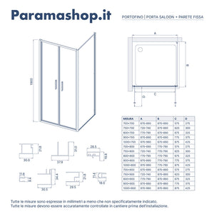 Box doccia slim 80x90cm con porta saloon e parete fissa profili nero opaco e vetro 6mm trasparente h190| Portofino