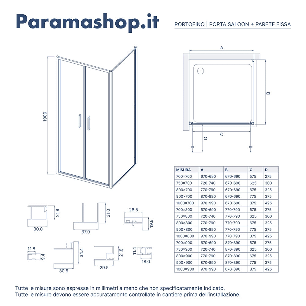 Box doccia slim 70x70cm con porta saloon e parete fissa profili cromati e vetro 6mm opaco h190| Portofino