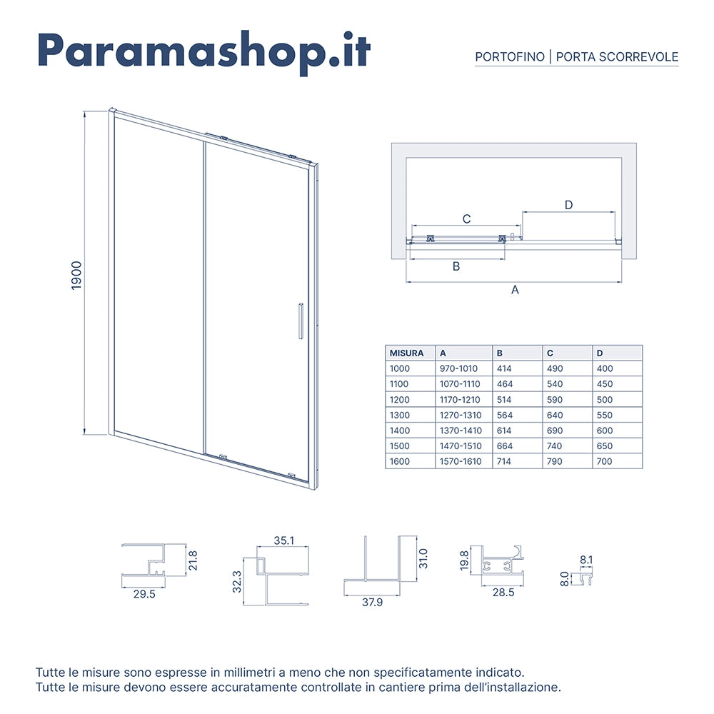Porta doccia 120cm profili slim cromati vetro 6mm opaco h190 | Portofino