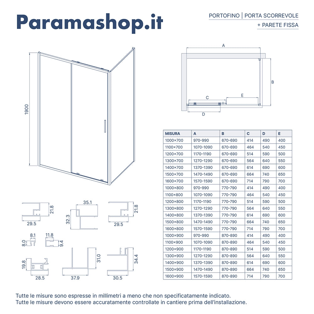 Box doccia slim 90x120cm con porta scorrevole e parete fissa profili nero opaco e vetro 6mm trasparente h190| Portofino