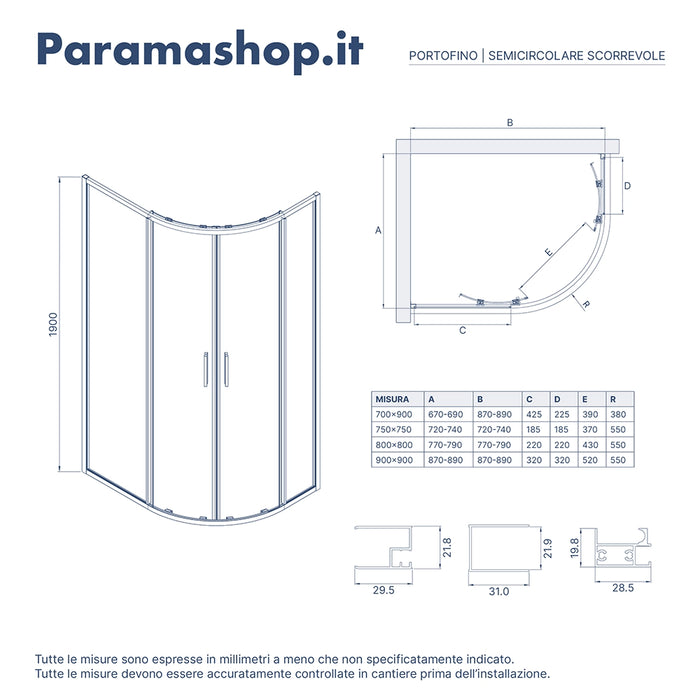 Box doccia semicircolare 80x80cm profili nero opaco slim vetro 6mm trasparente h190 | Portofino