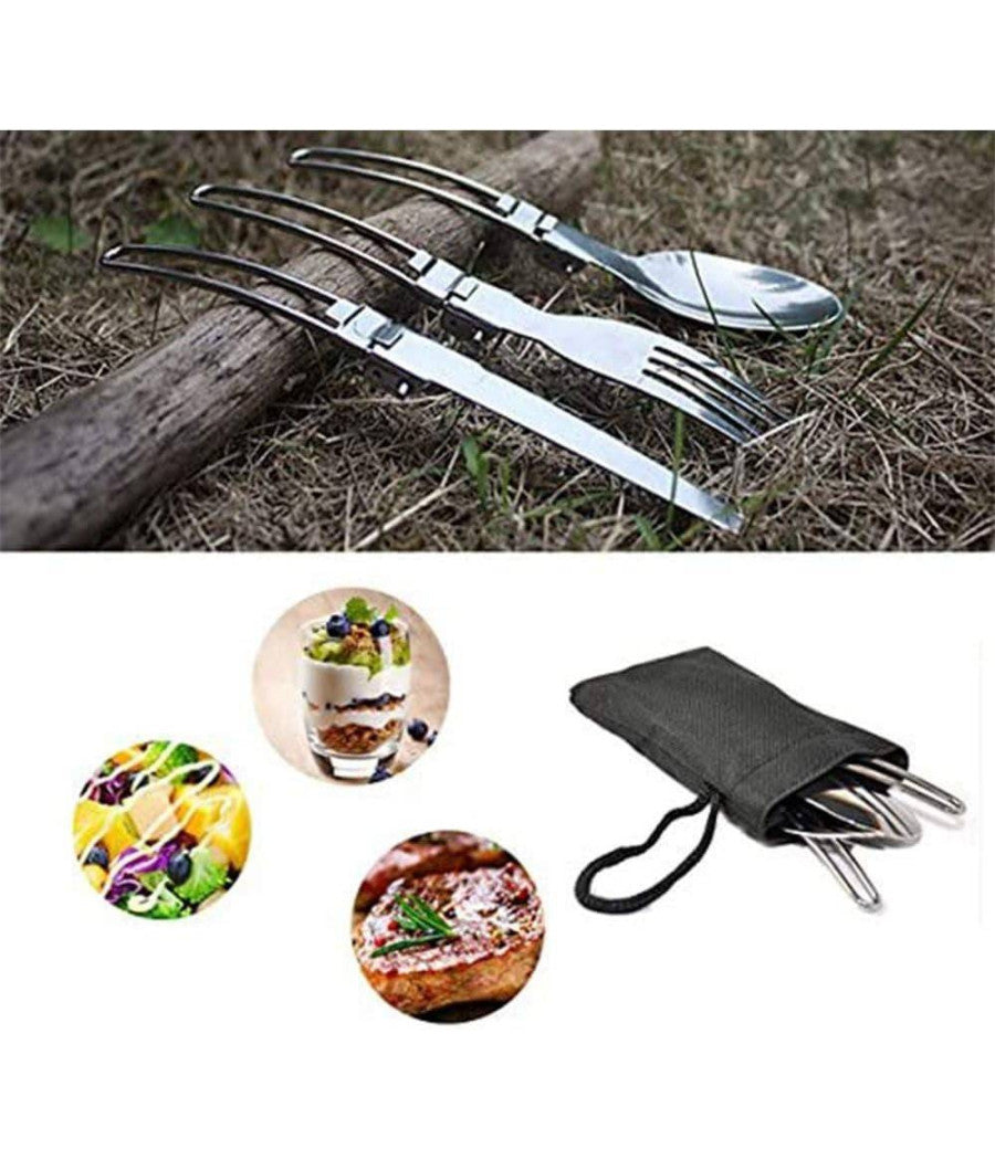 Posate Pieghevoli Forchetta Cucchiao Cortello In Acciaio Con Astuccio Da Viaggio         