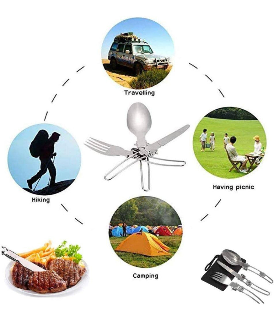Posate Pieghevoli Forchetta Cucchiao Cortello In Acciaio Con Astuccio Da Viaggio         