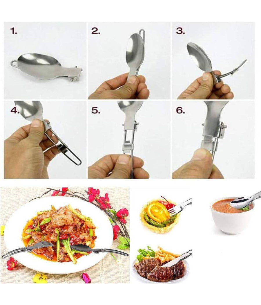 Posate Pieghevoli Forchetta Cucchiao Cortello In Acciaio Con Astuccio Da Viaggio         