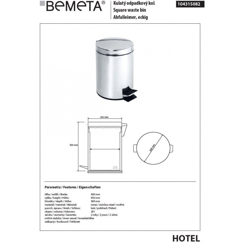 HOTEL Pattumiera da Cucina in Acciaio Lucido ø 30 cm / 20 L