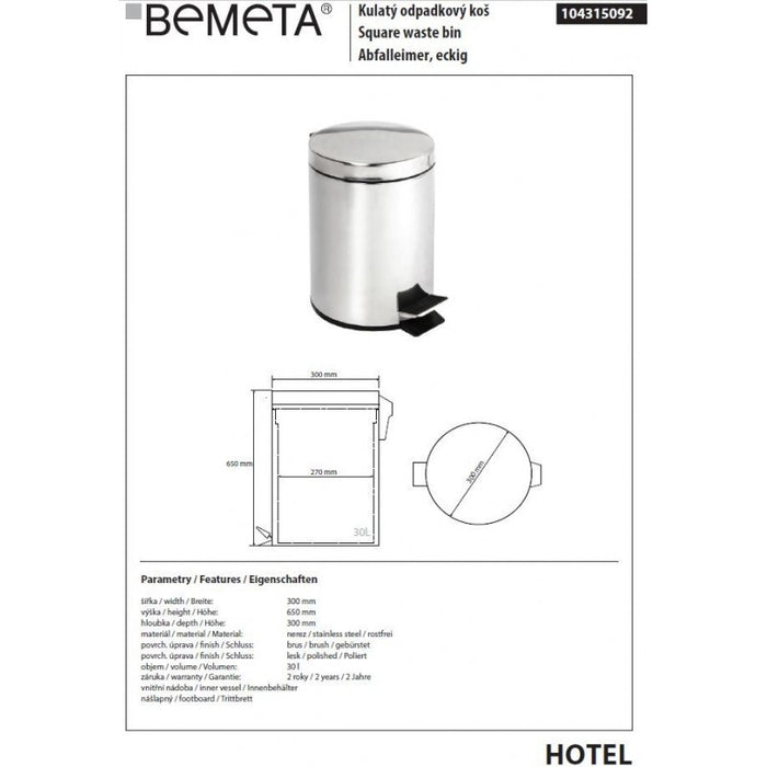 Pattumiera da cucina HOTEL in acciaio lucido ø 30 cm / 30 L