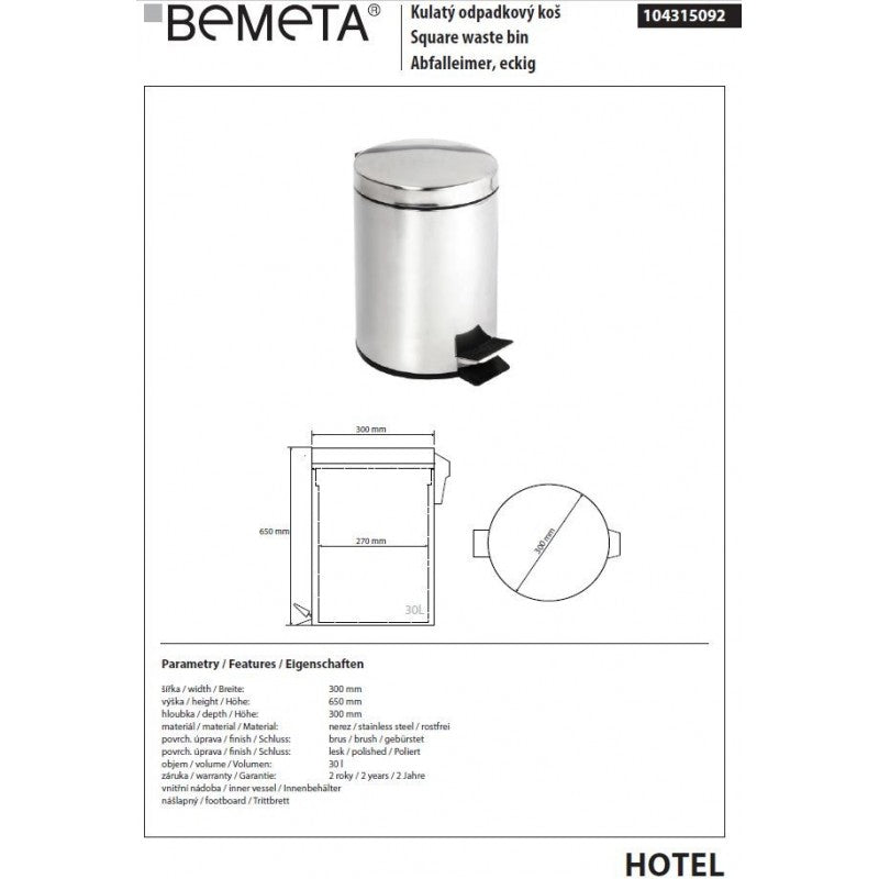 Pattumiera da cucina HOTEL in acciaio lucido ø 30 cm / 30 L