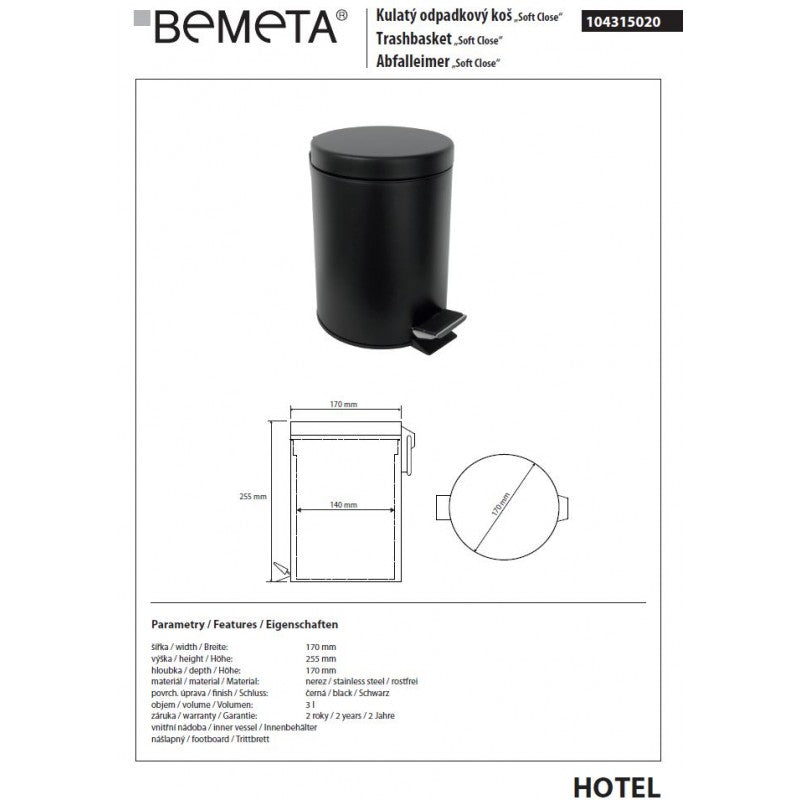 Pattumiera doccia DARK soft close in acciaio nero / 3L