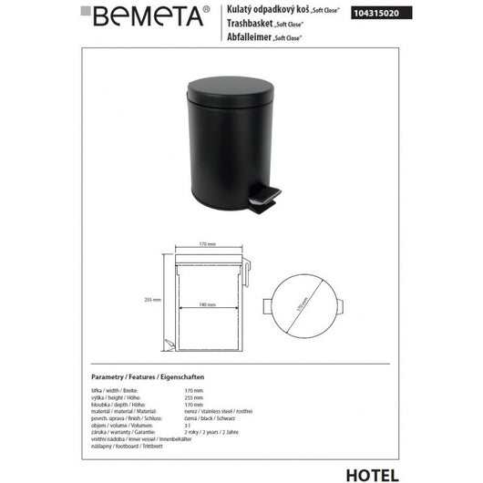 Pattumiera doccia DARK soft close in acciaio nero / 3L