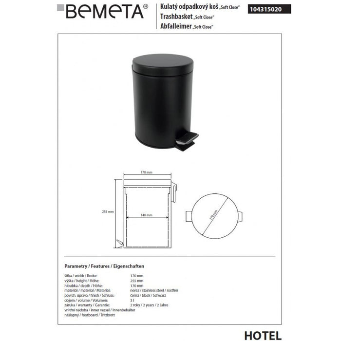 Pattumiera doccia DARK soft close in acciaio nero / 3L