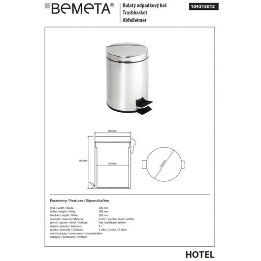 HOTEL pattumiera doccia in acciaio lucido / 5L