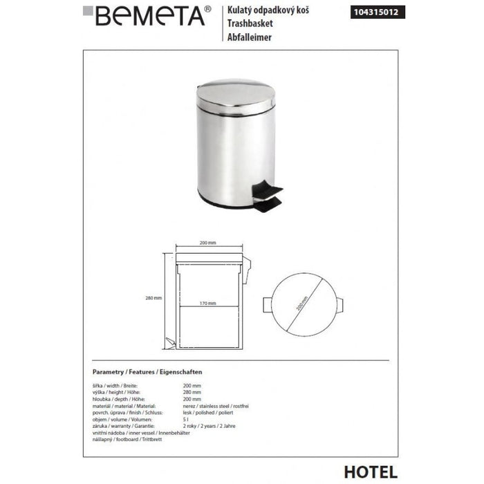 HOTEL pattumiera doccia in acciaio lucido / 5L