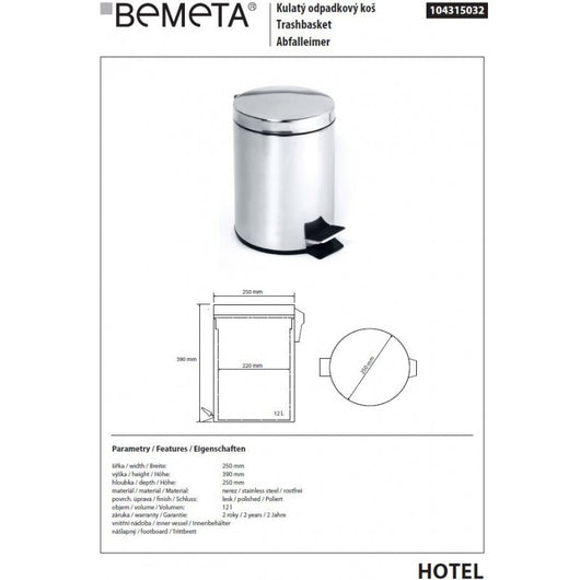 Pattumiera doccia HOTEL in acciaio lucido ø 25 cm / 12 L