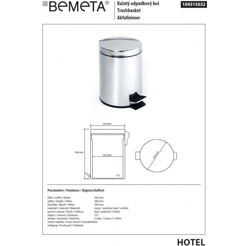 Pattumiera doccia HOTEL in acciaio lucido ø 25 cm / 12 L