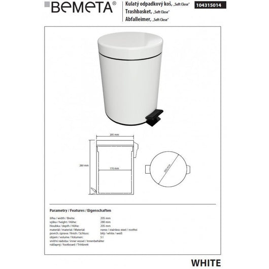 Pattumiera doccia BIANCA con chiusura ammortizzata in ottone bianco / 5L