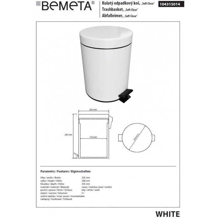 Pattumiera doccia BIANCA con chiusura ammortizzata in ottone bianco / 5L