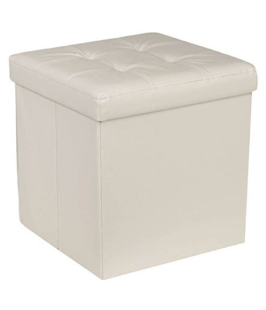 Pouf Contenitore Ecopelle Cubo Pieghevole 35x35x35 Cm Beige 4 Punti Trapuntato         