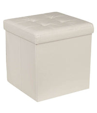 Pouf Contenitore Ecopelle Cubo Pieghevole 35x35x35 Cm Beige 4 Punti Trapuntato         