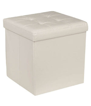 Pouf Contenitore Ecopelle Cubo Pieghevole 35x35x35 Cm Beige 4 Punti Trapuntato         
