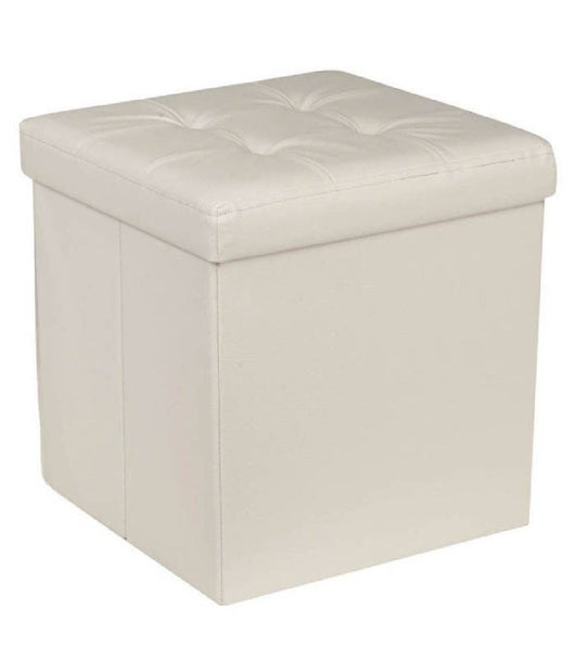 Pouf Contenitore Ecopelle Cubo Pieghevole 35x35x35 Cm Beige 4 Punti Trapuntato         