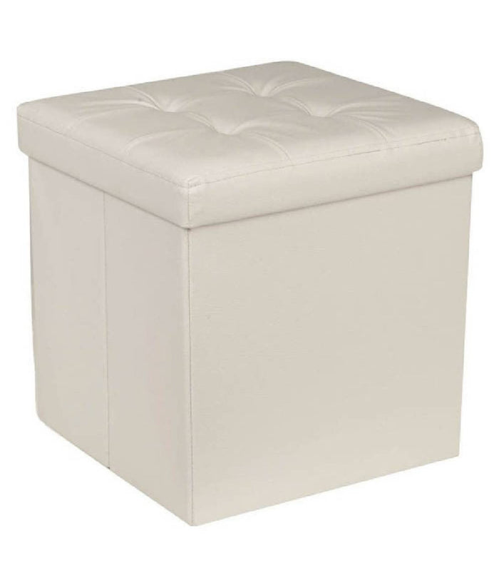 Pouf Contenitore Ecopelle Cubo Pieghevole 35x35x35 Cm Beige 4 Punti Trapuntato         