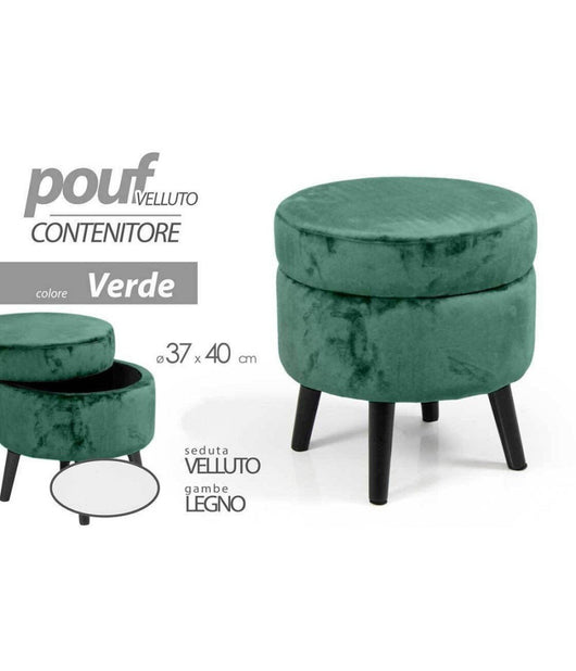 Pouf Contenitore Poggiapiedi Sgabello Pouff Velluto Legno Verde 40x37cm 801709         
