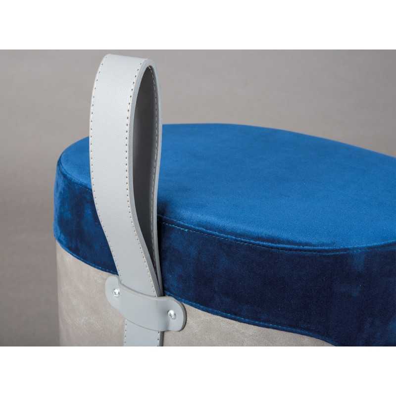 Pouf Inter Link in velluto blu e grigio con maniglia in ecopelle