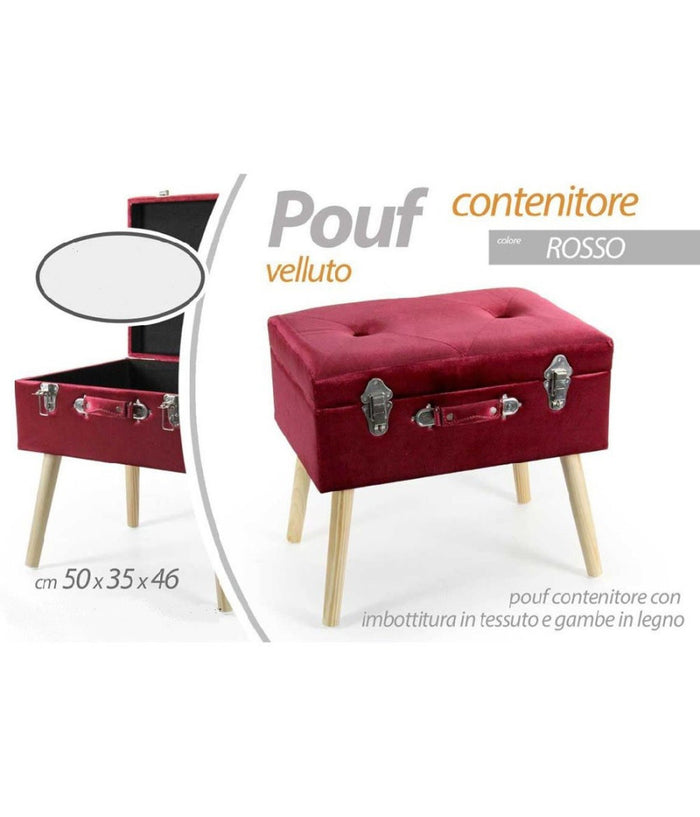 Pouf Pouff Contenitore H46x50x35cm Tessuto Rosso Imbottito Piedi In Legno 756795         