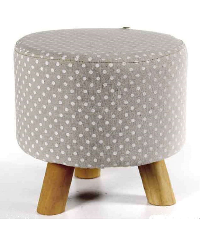 Pouf Sgabello Poggiapiedi Tondo Struttura Legno Tessuto Pois Crema 28x28cm 823558         
