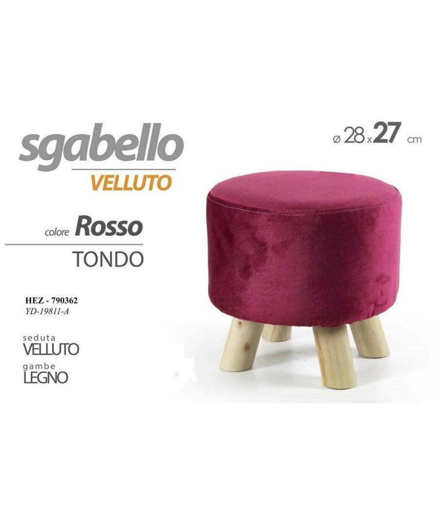 Pouf Sgabello Velluto Colore Blu Rosso Verde Quadrato Tondo Gambe Legno 28x27cm  Rosso  -tondo    -
