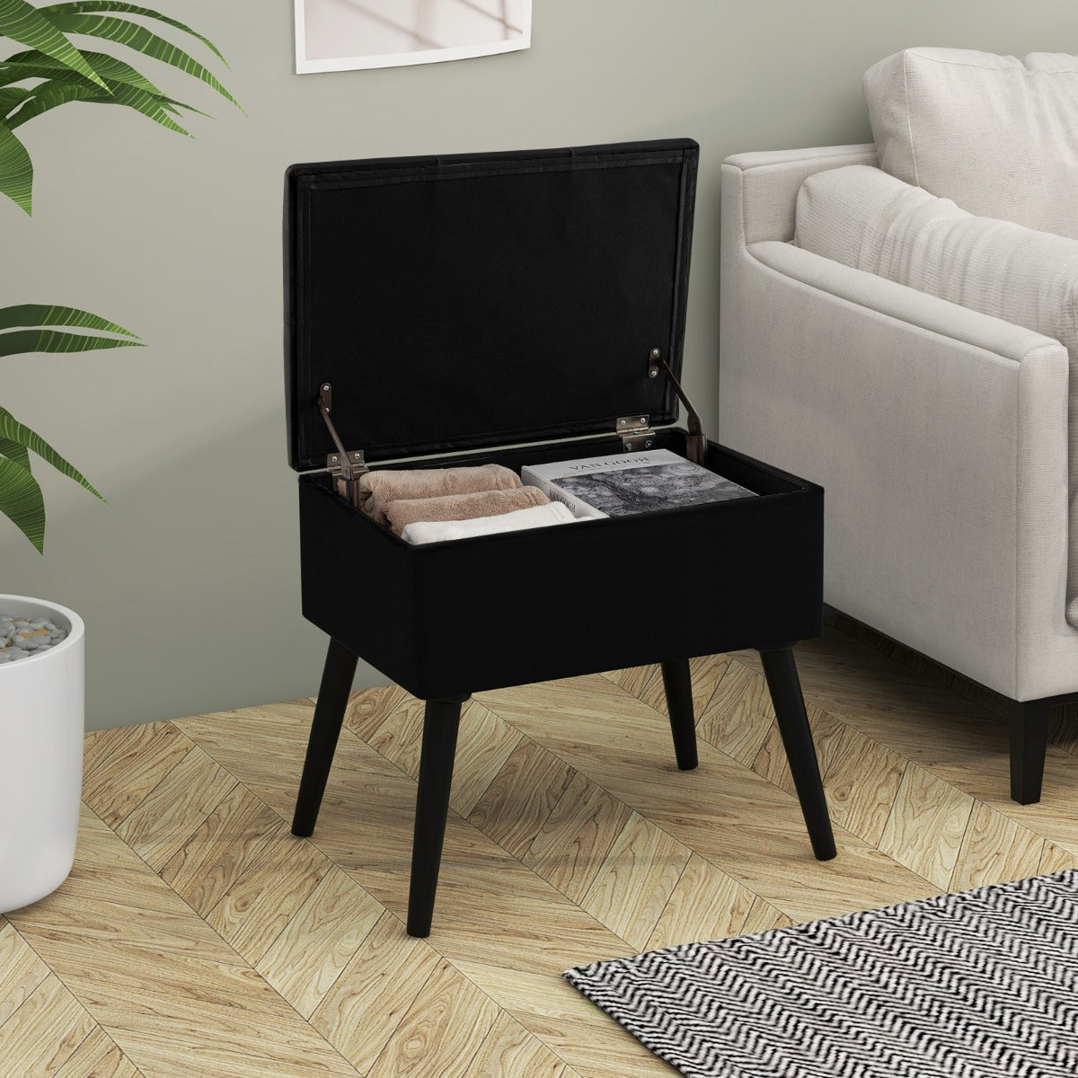 Sgabello da toeletta con contenitore per camera da trucco e camera da letto, Pouf in velluto con gambe in legno massello Nero-Sgabelli