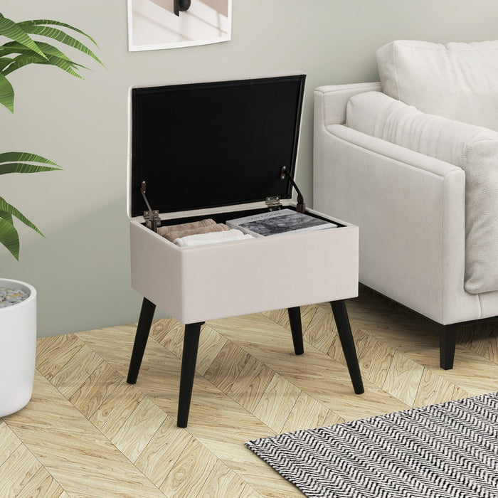 Sgabello da toeletta con contenitore per camera da trucco e camera da letto, Pouf in velluto con gambe in legno massello Beige-Sgabelli