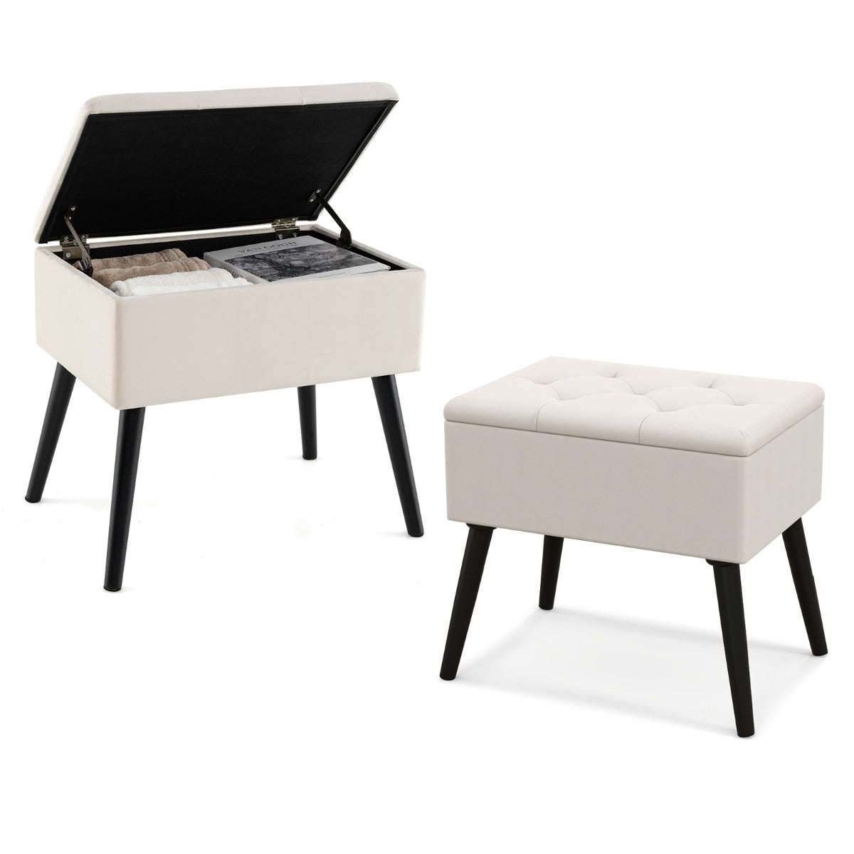 Sgabello da toeletta con contenitore per camera da trucco e camera da letto, Pouf in velluto con gambe in legno massello Beige-Sgabelli