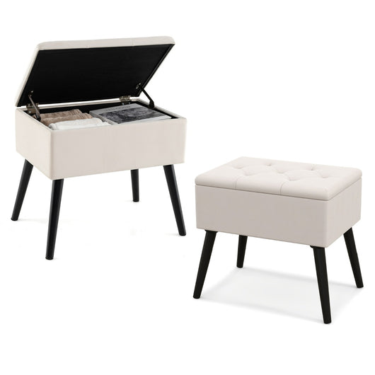 Sgabello da toeletta con contenitore per camera da trucco e camera da letto, Pouf in velluto con gambe in legno massello Beige-Sgabelli