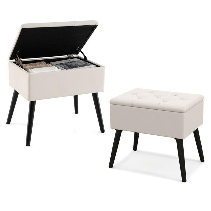 Sgabello da toeletta con contenitore per camera da trucco e camera da letto, Pouf in velluto con gambe in legno massello Beige-Sgabelli