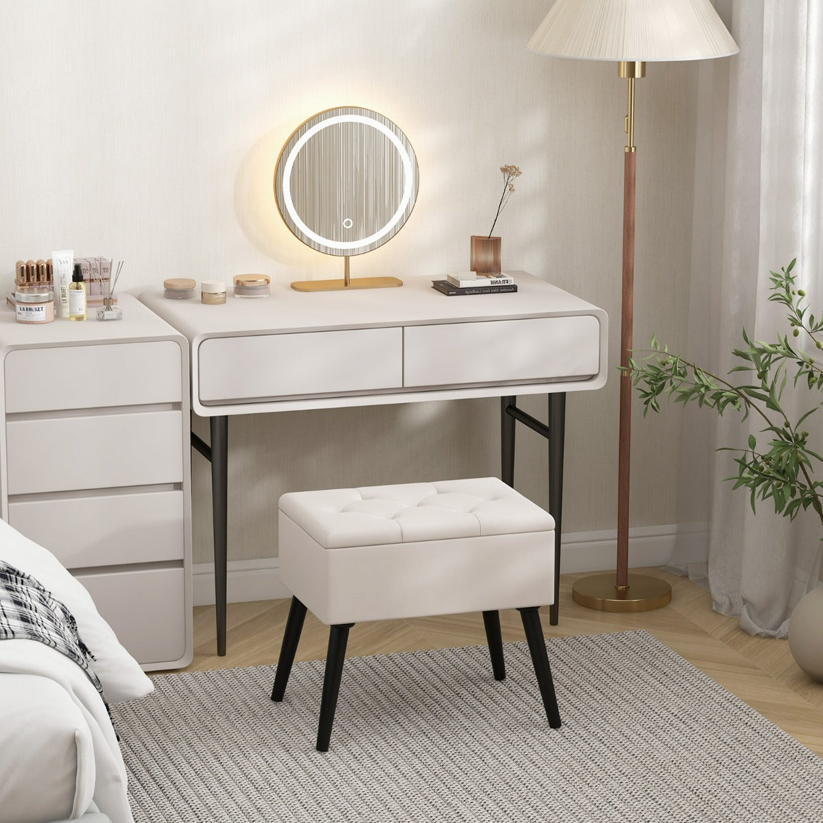 Sgabello da toeletta con contenitore per camera da trucco e camera da letto, Pouf in velluto con gambe in legno massello Beige-Sgabelli