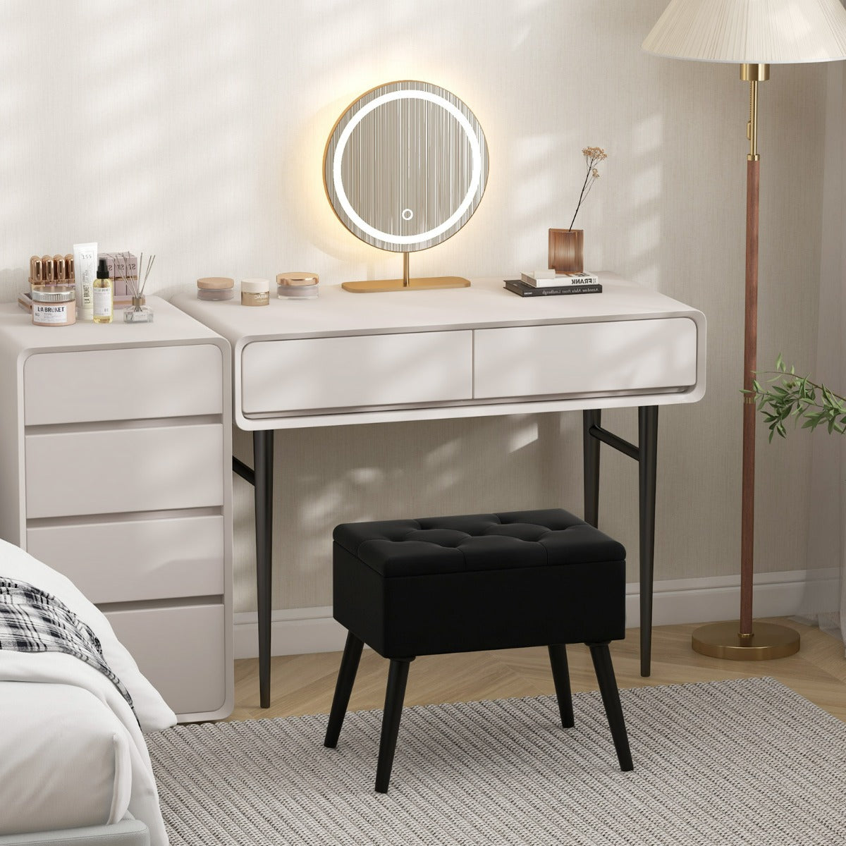 Sgabello da toeletta con contenitore per camera da trucco e camera da letto, Pouf in velluto con gambe in legno massello Nero-Sgabelli