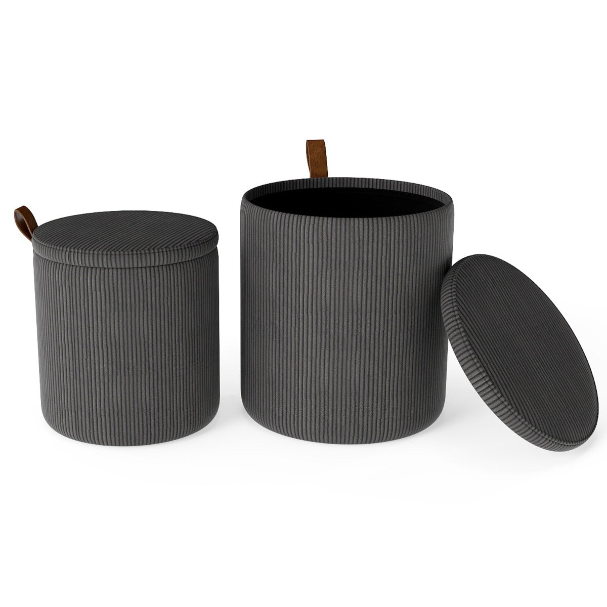 Pouf rotondo con contenitore set da 2 sgabelli a incastro con coperchi removibili, Pouf poggiapiedi in velluto a coste Grigio-Sgabelli