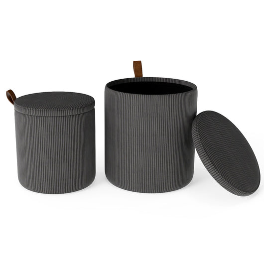 Pouf rotondo con contenitore set da 2 sgabelli a incastro con coperchi removibili, Pouf poggiapiedi in velluto a coste Grigio-Sgabelli