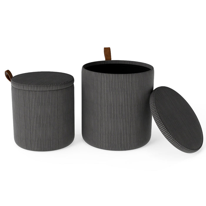 Pouf rotondo con contenitore set da 2 sgabelli a incastro con coperchi removibili, Pouf poggiapiedi in velluto a coste Grigio-Sgabelli