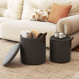 Pouf rotondo con contenitore set da 2 sgabelli a incastro con coperchi removibili, Pouf poggiapiedi in velluto a coste Grigio-Sgabelli