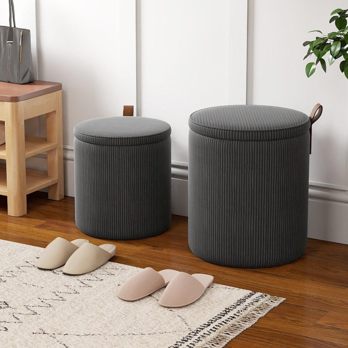 Pouf rotondo con contenitore set da 2 sgabelli a incastro con coperchi removibili, Pouf poggiapiedi in velluto a coste Grigio-Sgabelli